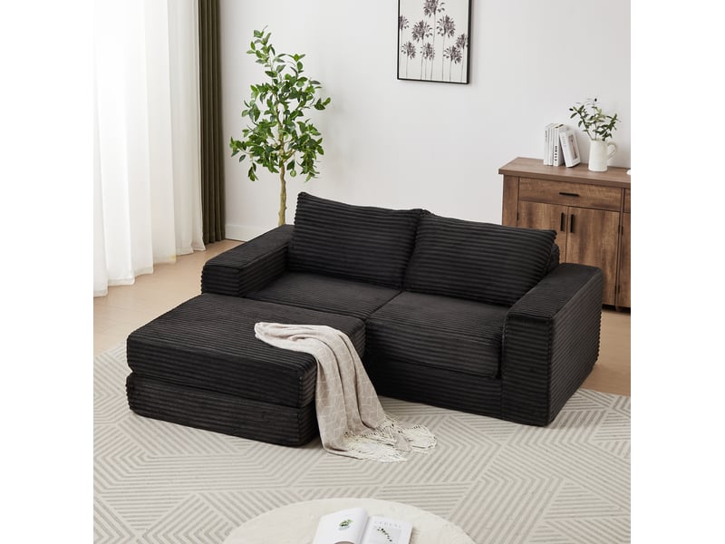  Canapé convertible ulevr 2 places modulable avec pouf amovible en velours côtelé noir  - Conforama B