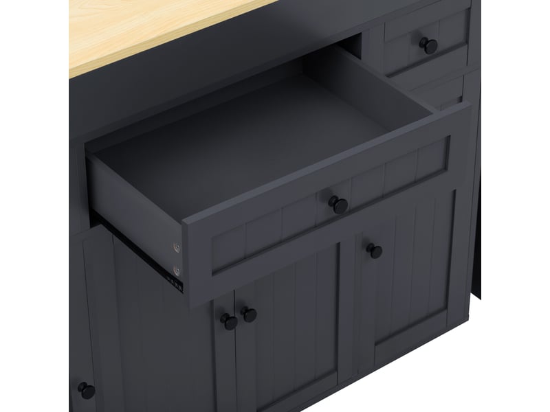 Îlot de cuisine extensible, table coulissante, 4 portes, 3 tiroirs, étagères réglables, roulettes verrouillables, gris - Conforama E