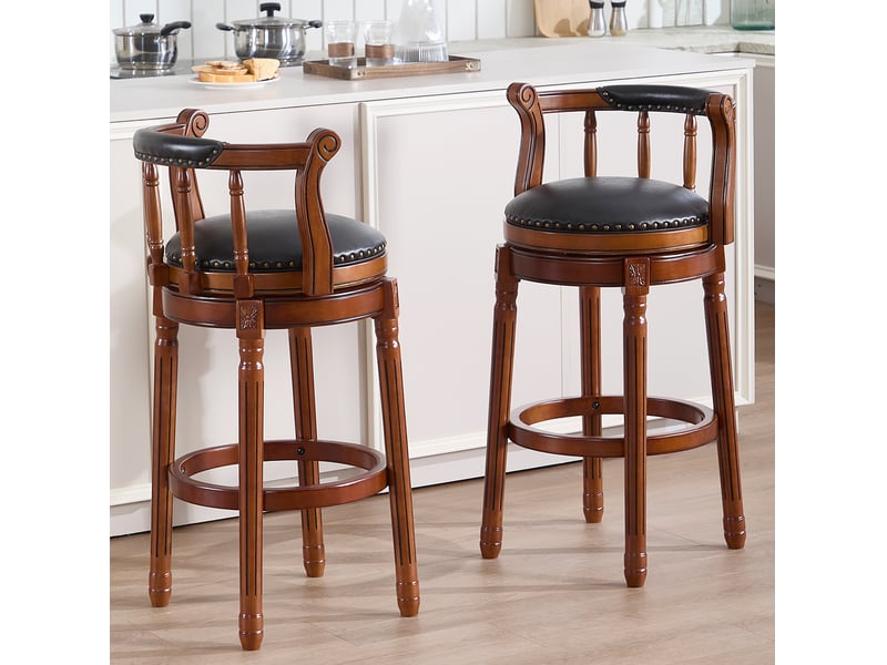  Tabouret de bar pivotant 55x55x96 cm, revêtement en similicuir véritable, dossier haut, noir, pieds en bois, assise capitonnée  - Conforama D
