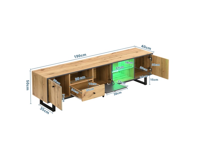  Meuble tv bas modenvie avec led contrôlées par application 190 x 40 x 50 cm panneaux de particules bois anthracite noir  - Conforama C