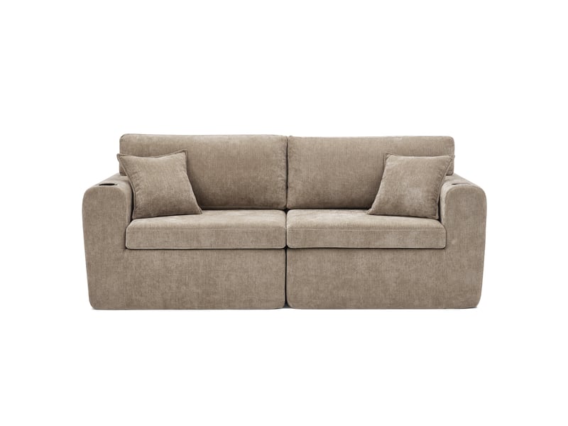  Canapé droit 2 places avec ports usb, poches latérales et porte-gobelets  - coussins chenille marron  - Conforama A