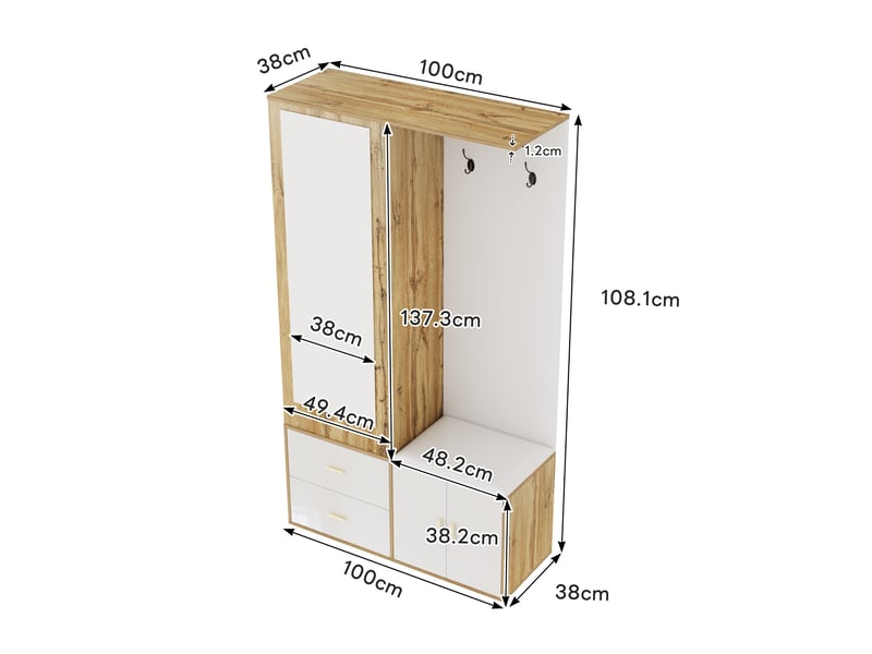  Armoire avec 2 portes,2 tiroirs,miroir,crochets,tringle à vêtements extensible,meuble à chaussures et banc à chaussures,blanc+naturel armoire blanc - Conforama C