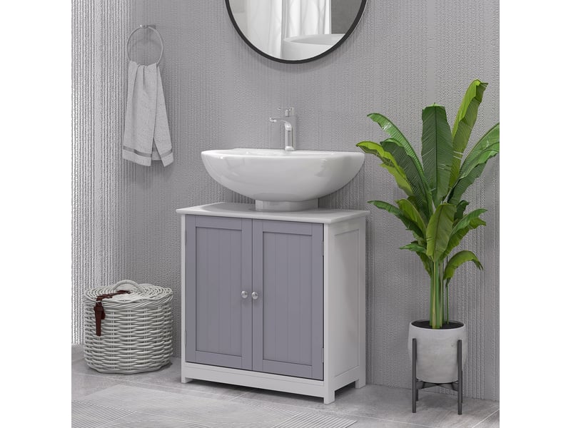  Meuble sous lavabo salle de bain, 2 portes et étagère, mdf gris et blanc, 60 x 30 x 60 cm  - Conforama R