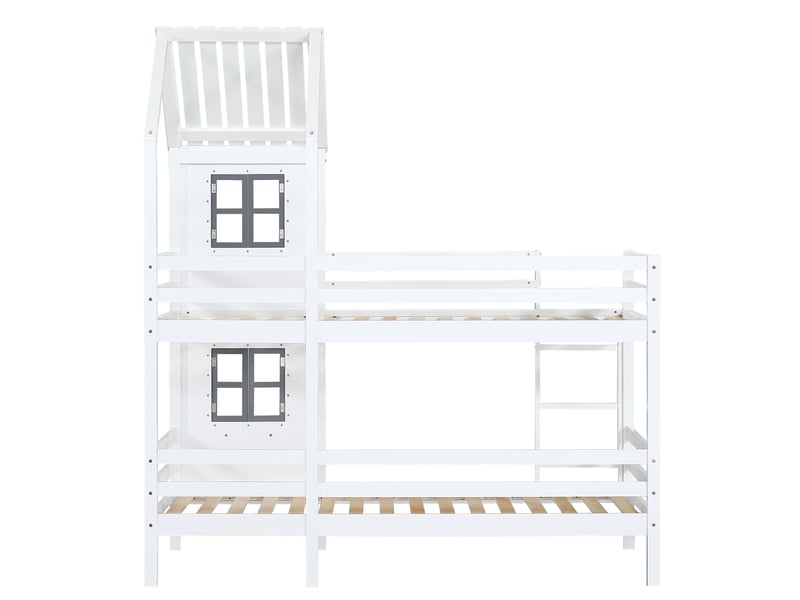  Lit cabane enfant 90x200 en pin blanc avec fenêtres et barrières de sécurité  - Conforama D