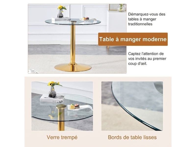  Ensemble table ronde ø85 cm et 4 chaises, verre trempé et assises blanches en pu  - Conforama E