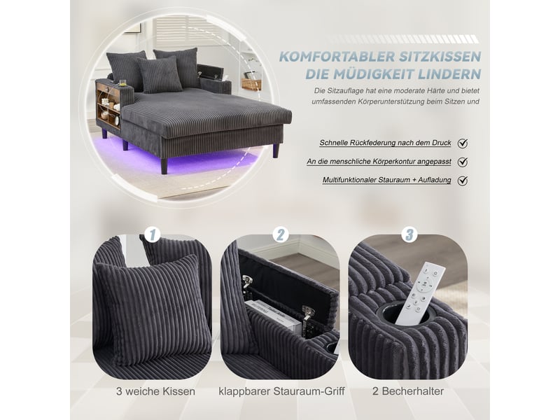  Canapé convertible 1 place en velours côtelé gris foncé avec led et range-boissons intégrés  - Conforama R