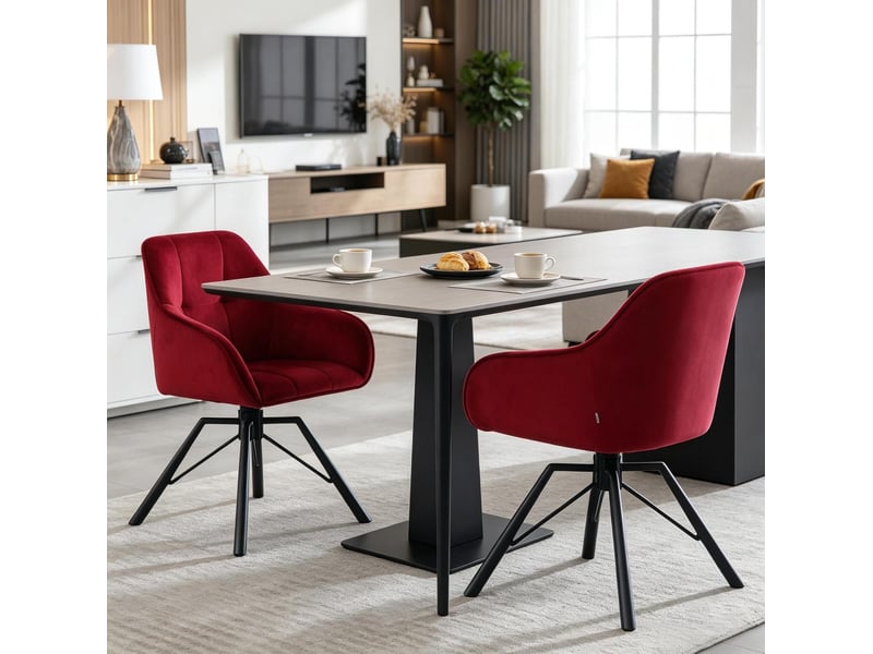 Chaise de salle à manger pivotante à 360 degrés avec accoudoirs et dossier rembourré, lot de 2 en velours rouge vin - Conforama E