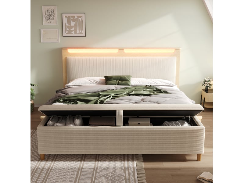  Lit double 160x200 cm avec banc de lit, rangement, led, tête de lit en cordon, bois beige avec matelas  - Conforama D