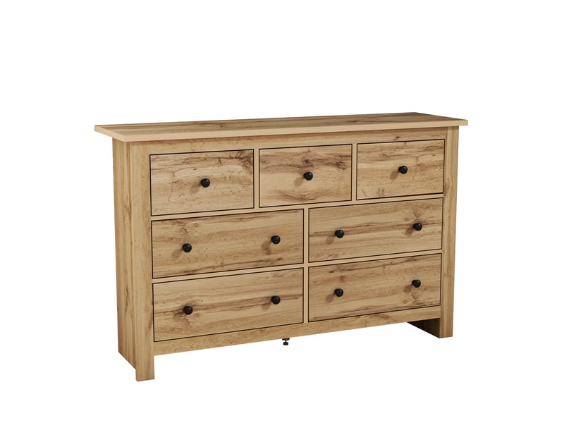  Commode 152x40x88,5 cm avec 7 tiroirs, design à motif bois et espace de rangement, panneaux de particules, couleur bois  - Conforama C