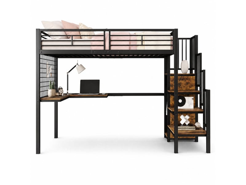 Lit mezzanine enfant 90x200 cm – noir et noyer foncé – bureau, armoire, escalier – sans matelas - Conforama A