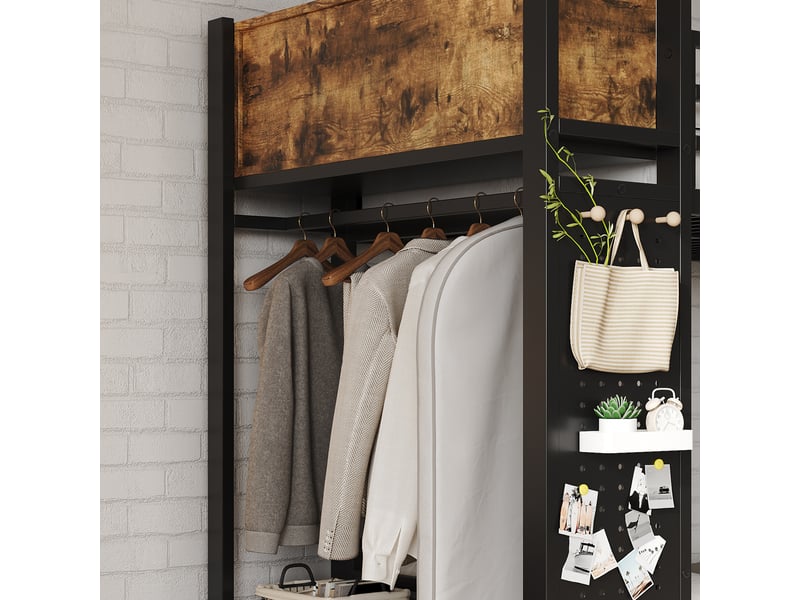 Lit superposé enfant 120 × 200 cm avec rangement, penderie et tiroir – noir et noyer foncé  - Conforama E