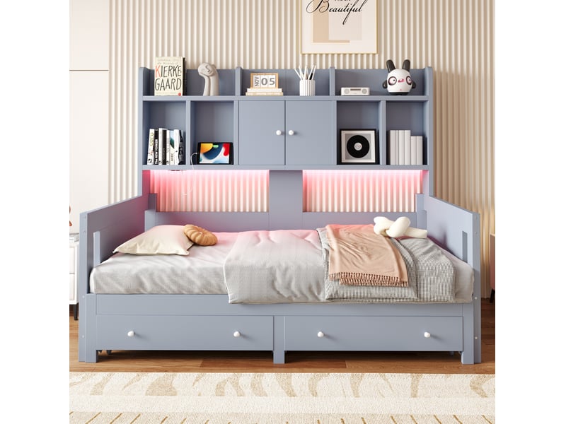  Lit gigogne 90x190-180x190 cm, tiroirs rangement, lit banquette, lit enfant, prise usb, led, bois, gris, sans matelas  - Conforama B