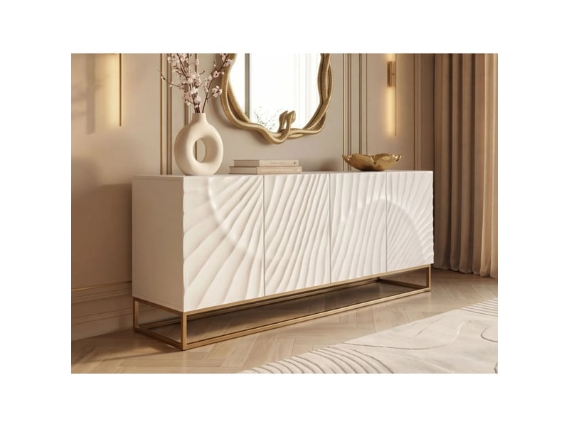 Buffet silva 177 cm en bois massif de manguier blanc sculpté – 4 portes et piètement doré - Conforama B