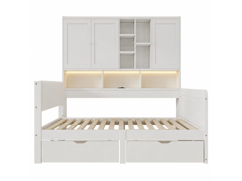  Lit simple 90 x 200 cm cadre de lit rangement intégré éclairage led ports de charge usb tiroirs de rangement tête de lit rembourrée en pu lit de jour forme l étagères et armoires intégrées finition blanche  - Conforama A