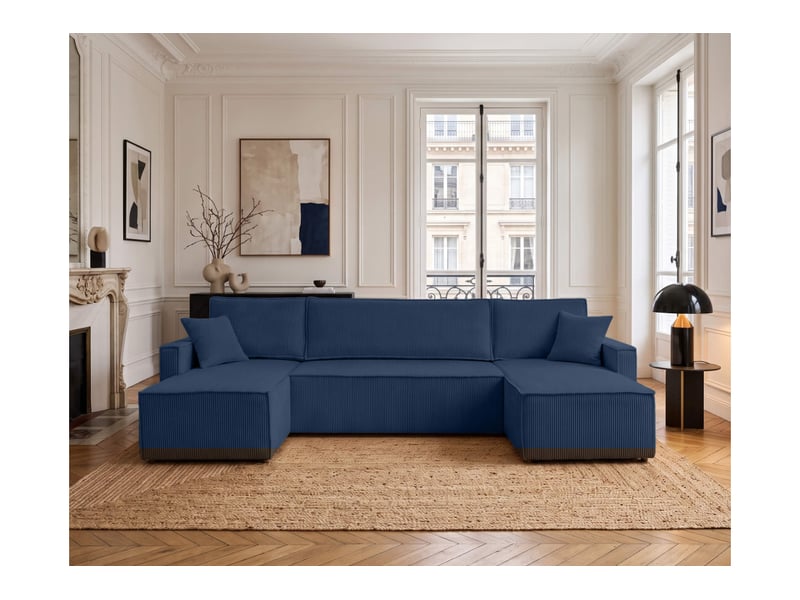  Farah - canapé d'angle panoramique convertible 6 places accoudoirs slim en velours cotelé  - Conforama B