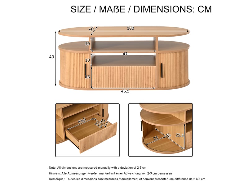 Table basse ovale 100x50x40 cm, 1 tiroir à ouverture par pression, 2 portes coulissantes, mdf et aggloméré, décor bois clair - Conforama D