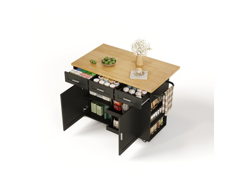  Îlot de cuisine mobile 120 x 45 à 70 x 84 cm avec plan de travail rabattable, prises et roulettes  - Conforama B