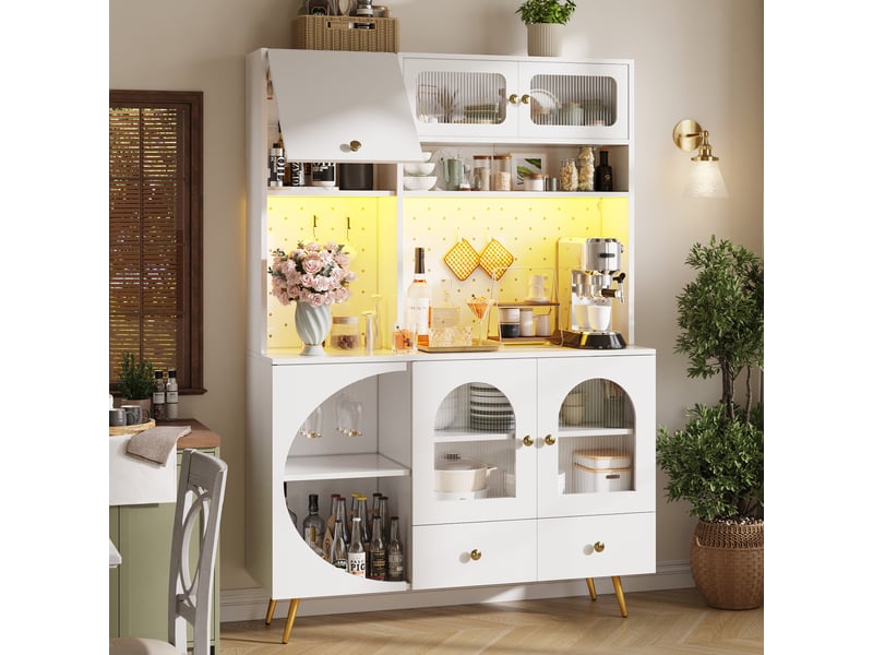  Buffet haut de cuisine blanc, meuble de rangement avec éclairage led, prises usb, panneau perforé et tiroirs, 120x40x176cm  - Conforama R