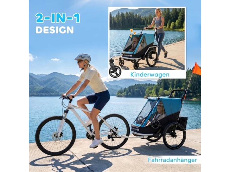  Remorque vélo enfant bleue 2 places, 2 en 1 pliable, siège réglable, harnais de sécurité  - Conforama D