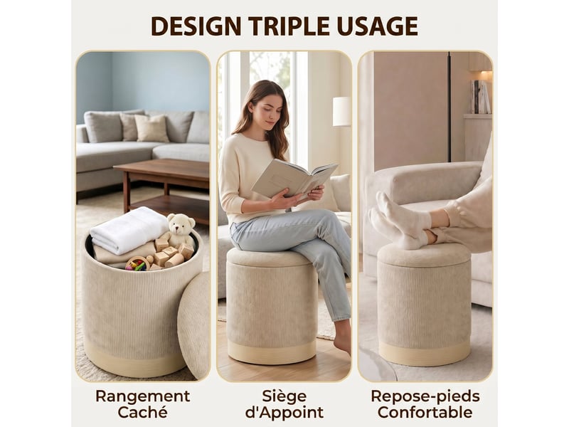  Pouf coffre rangement, tabouret rond en chenille, beige, pouf repose-pieds avec base en métal effet bois  - Conforama A