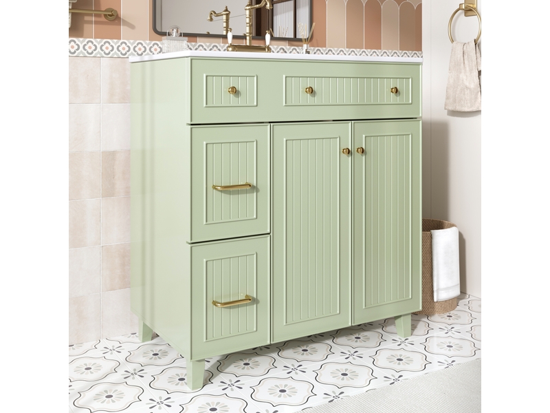 Meuble vasque salle de bain sur pied 81,7 cm avec rangement, vasque céramique et finition laquée  - Conforama W