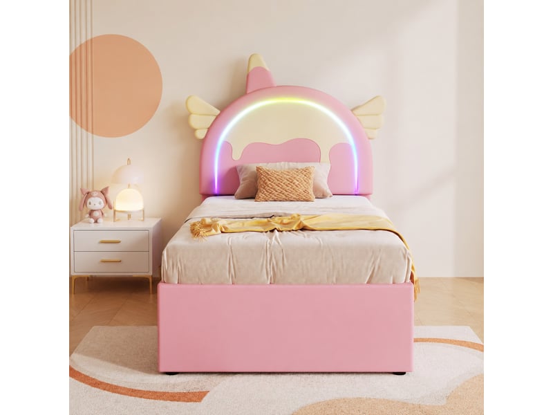  Lit enfant 90 x 200 cm en forme de licorne avec lit gigogne et tiroirs, rose  - Conforama D