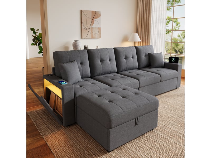 Canapé d'angle modulable en l 4 places 253 cm avec pouf coffre mobile, rangements dans les accoudoirs, ports usb-c et led, tissu effet lin gris OPULERANE TRADING LTD - Conforama B