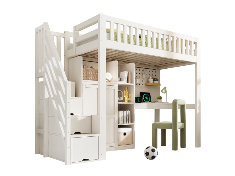  Lit mezzanine enfant 90x200 cm avec bureau, armoire, escalier avec rangements, étagères, 2 prises, usb et usb-c, sommier à lattes, blanc  - Conforama A