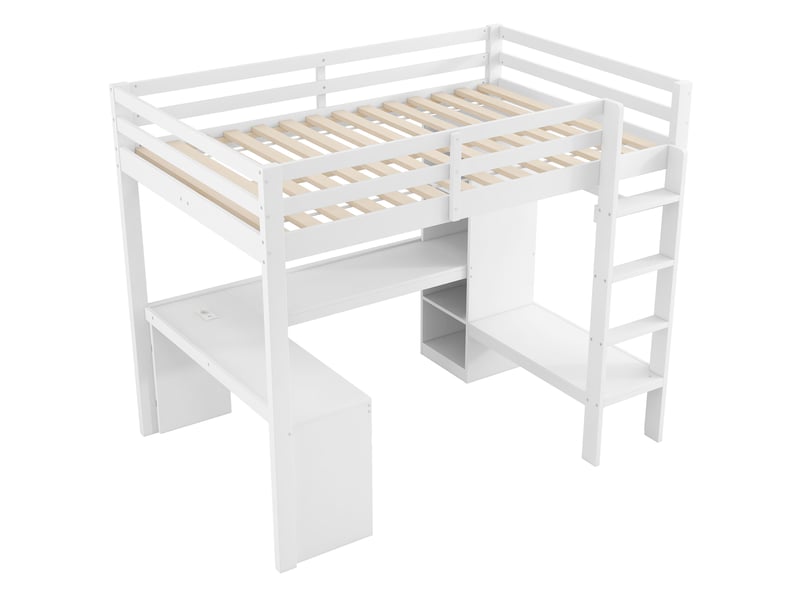  Lit mezzanine enfant 140x200 cm avec bureau, rangement, armoire ouverte, led et charge, bois et mdf, blanc sans matelas  - Conforama E