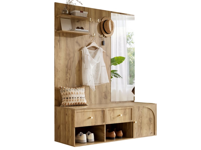 Meuble d'entrée avec miroir, 5 crochets, 2 tiroirs, placard et niches à chaussures en bois naturel 120 × 35 × 159 cm - Conforama A