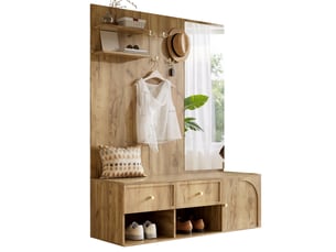Meuble d'entrée avec miroir, 5 crochets, 2 tiroirs, placard et niches à chaussures en bois naturel 120 × 35 × 159 cm