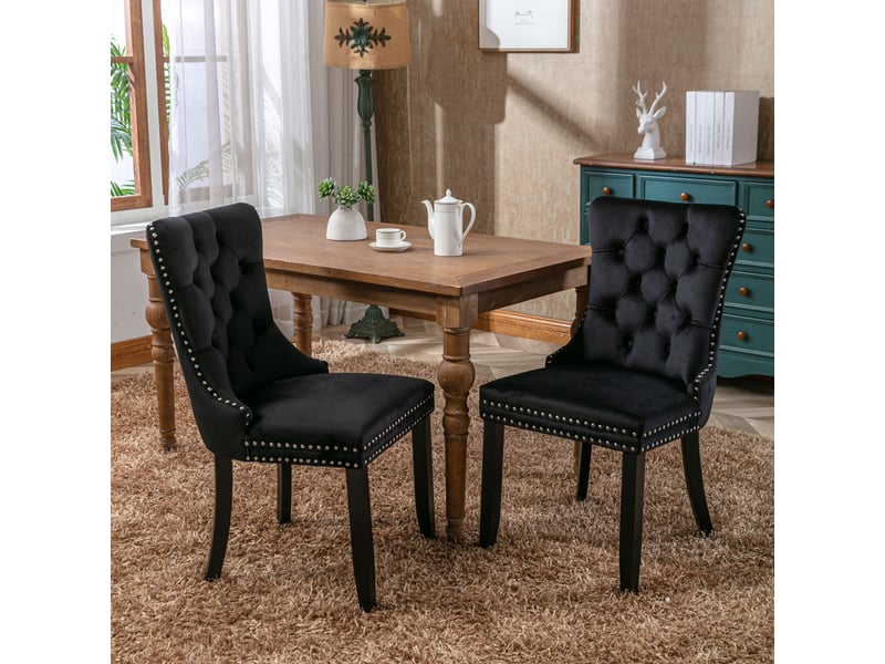  Chaises de salle à manger contemporaines - lot de 2, velours noir et bois massif, à clous décoratifs  - Conforama B