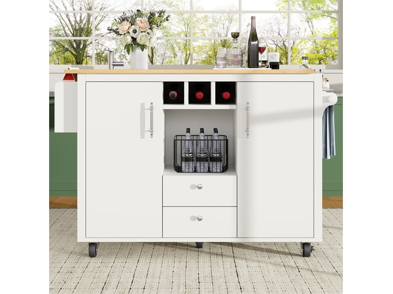  Îlot de cuisine mobile 137,9 x 73 cm avec plateau rabattable et rangements blanc  - Conforama D