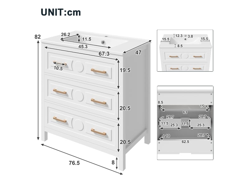 Meuble salle de bain sur pied 76,5cm avec vasque en céramique intégrée, meuble laqué blanc 3 tiroirs - Conforama E