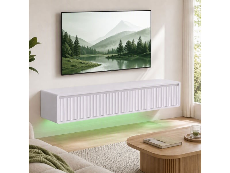  Meuble tv suspendu flottant 120 cm avec éclairage led et prises, blanc, meuble télé pour téléviseur 65 pouces  - Conforama D