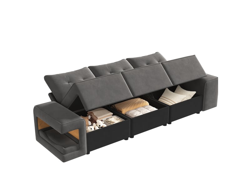 Canapé modulaire 3 places 229,5 x 78 cm – gris – velours, rangements intégrés et niches - Conforama D