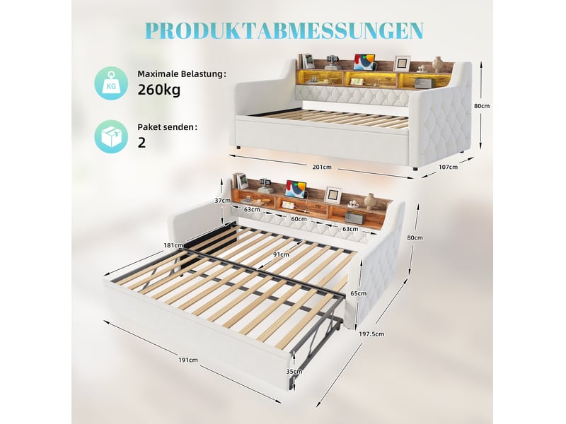 Canapé convertible avec lit gigogne, tête de lit de rangement, led et ports usb, en velours beige, 90 × 190 cm - Conforama E