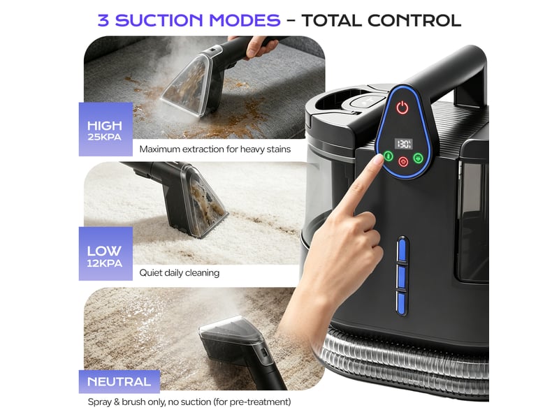  K5 1700w 25kpa nettoyeur vapeur pour tapis, 5 niveaux de température 3 modes d'aspiration appareil portatif de pulvérisation, grands réservoirs écran tactile led pour canapé, matelas et taches d'animaux  - Conforama E