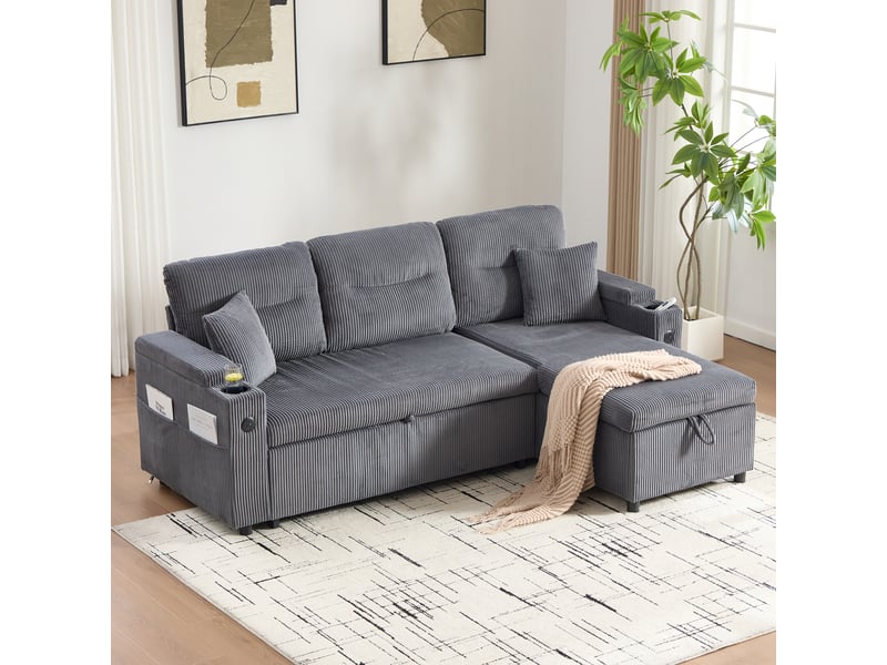 Canapé d'angle convertible 3 places en velours côtelé 212,5x136 cm avec rangement, méridienne coffre, lit gigogne 2 places et usb-c - gris anthracite - Conforama D