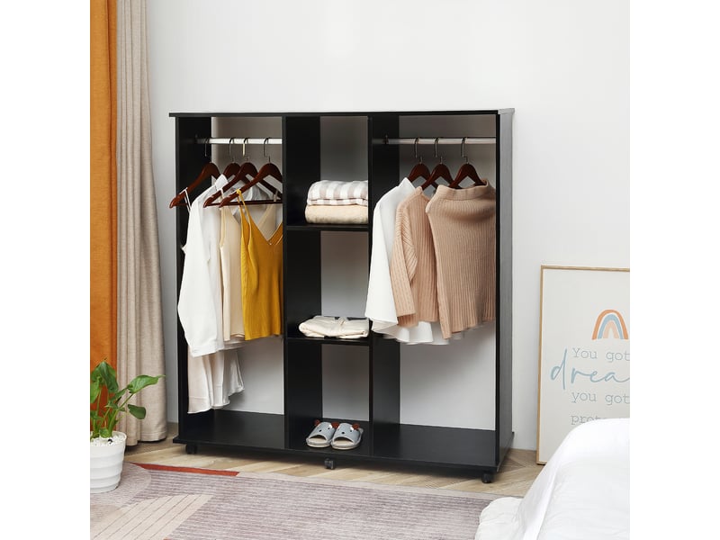  Armoire penderie meuble de rangement mobile 6 roulettes 120l x 40l x 128h cm en bois noir  - Conforama B