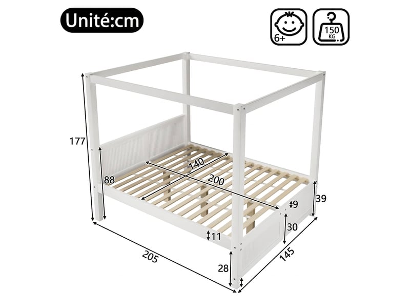  Lit à baldaquin 140x200 bois blanc avec toit décoratif et lattes verticales sans matelas  - Conforama C
