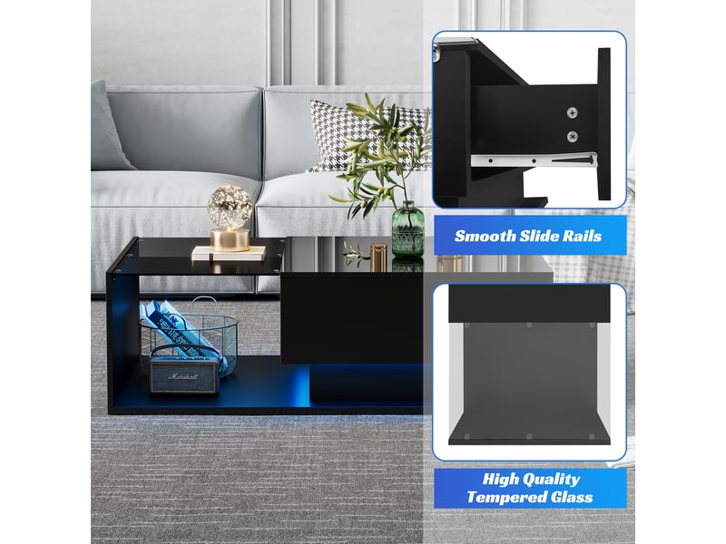 Table basse noire brillante 100x50x40 cm avec led, plateau en verre, 1 tiroir - style moderne - Conforama E