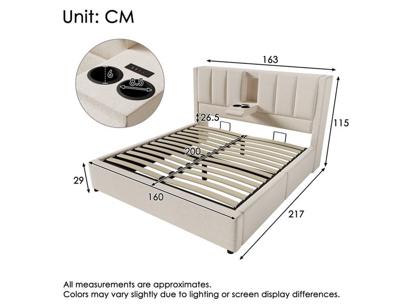  Lit rembourré - 160x200 cm - beige - lin - station de charge usb - porte-gobelet caché  - Conforama D