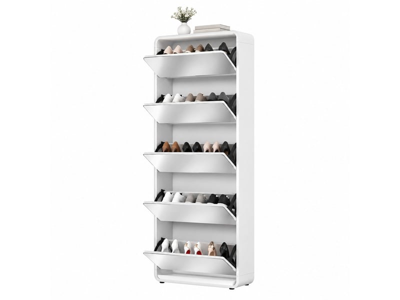 Meuble à chaussures l63.00 x p19.60 x h176.50 cm en bois et mdf avec miroir et 5 compartiments basculants blanc chicfurn - Conforama A