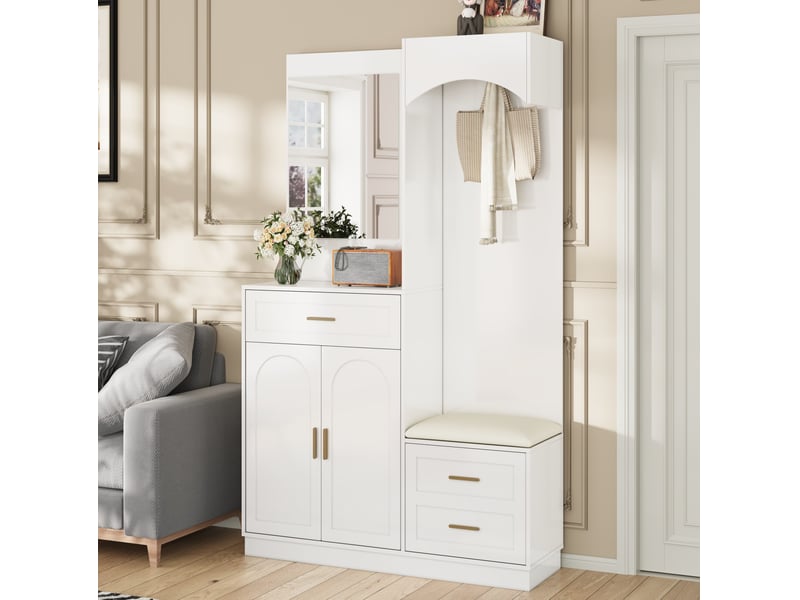 Meubles d'entrée avec miroir, penderie dissimulée et banc à chaussures, 110 × 33 × 185,5 cm  - Conforama B