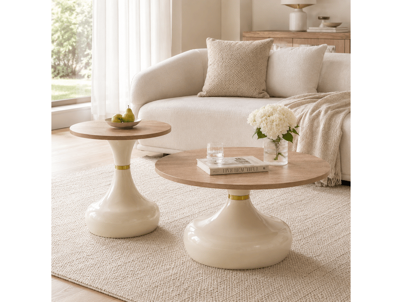  Tables basses gigognes rondes 2 pièces, plateaux mdf effet travertin, piètements métal blanc et doré, ø 70 cm  - Conforama D