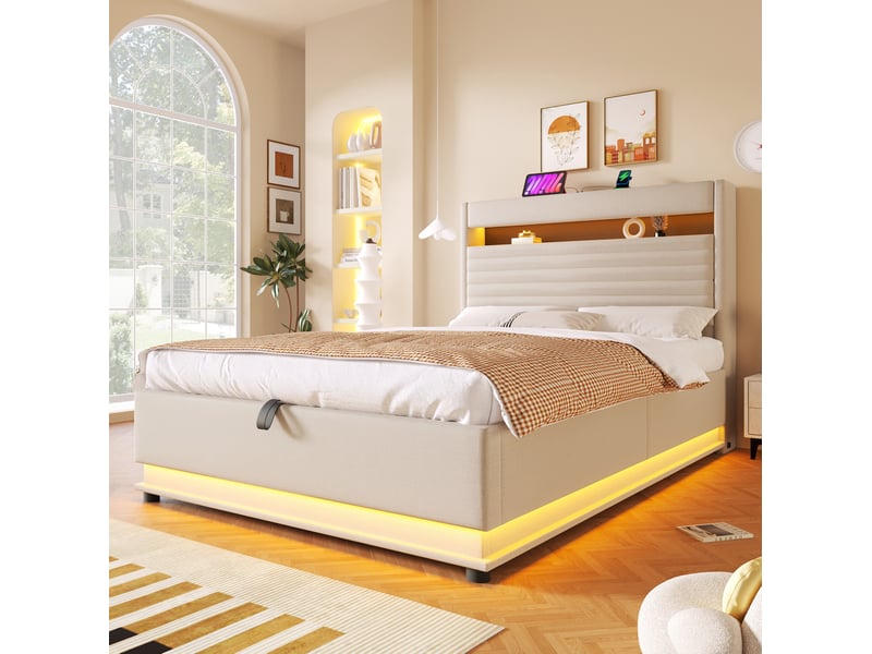  Lit coffre 2 places 140x200 cm avec rangment et led coloris beige  - Conforama B