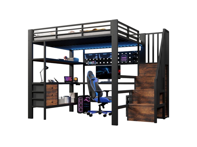  Lit mezzanine enfant métal 140 x 200 cm avec éclairage led  - 3 tiroirs- table - noir ABC - Conforama A