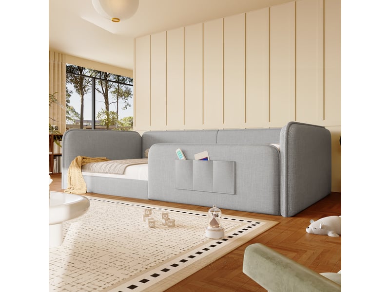  Lit plateforme 90x200 en lin gris - cadre bas sécurisé avec poches de rangement  - Conforama E
