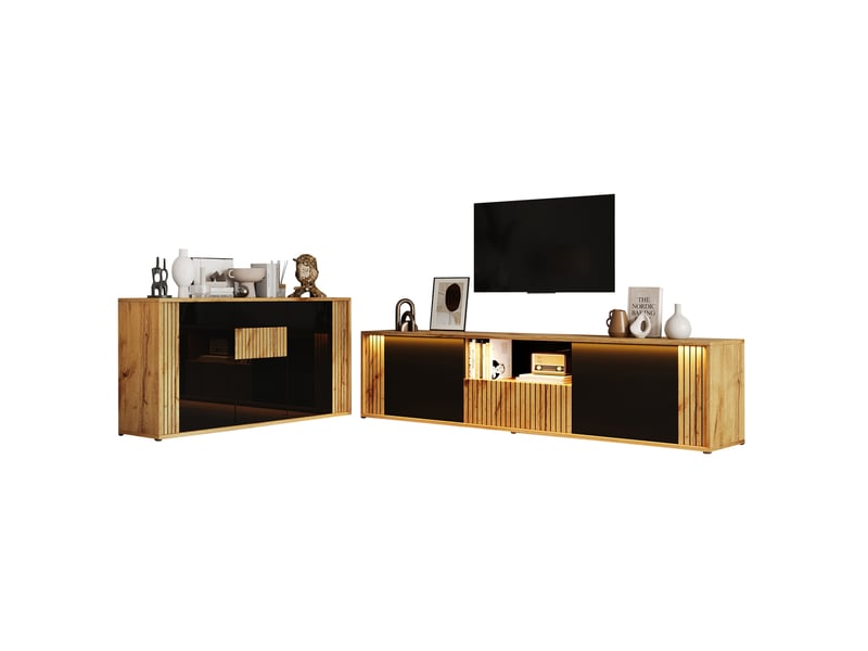  Ensemble meuble tv 180x40x51 cm + buffet 140x35x71 cm, led bluetooth, 75 pouces, mdf, noir et bois naturel  - Conforama A